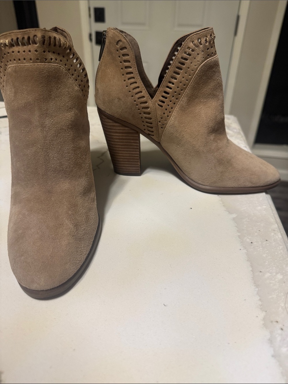 Vince Camuto Taupe Suede Cutout Ankle Booties